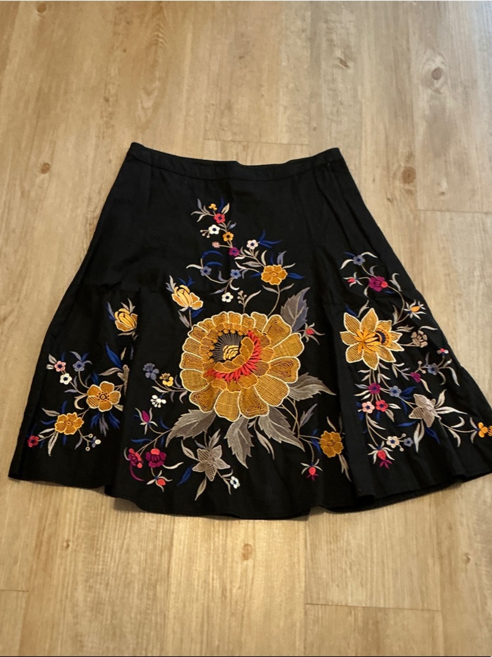 French Connection Black A-Line Skirt with Yellow & Multicolor Floral Embroidery